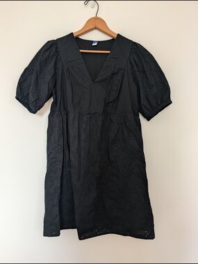 Old Navy Black V-Neck Puff Sleeve Eyelet Mini Dress